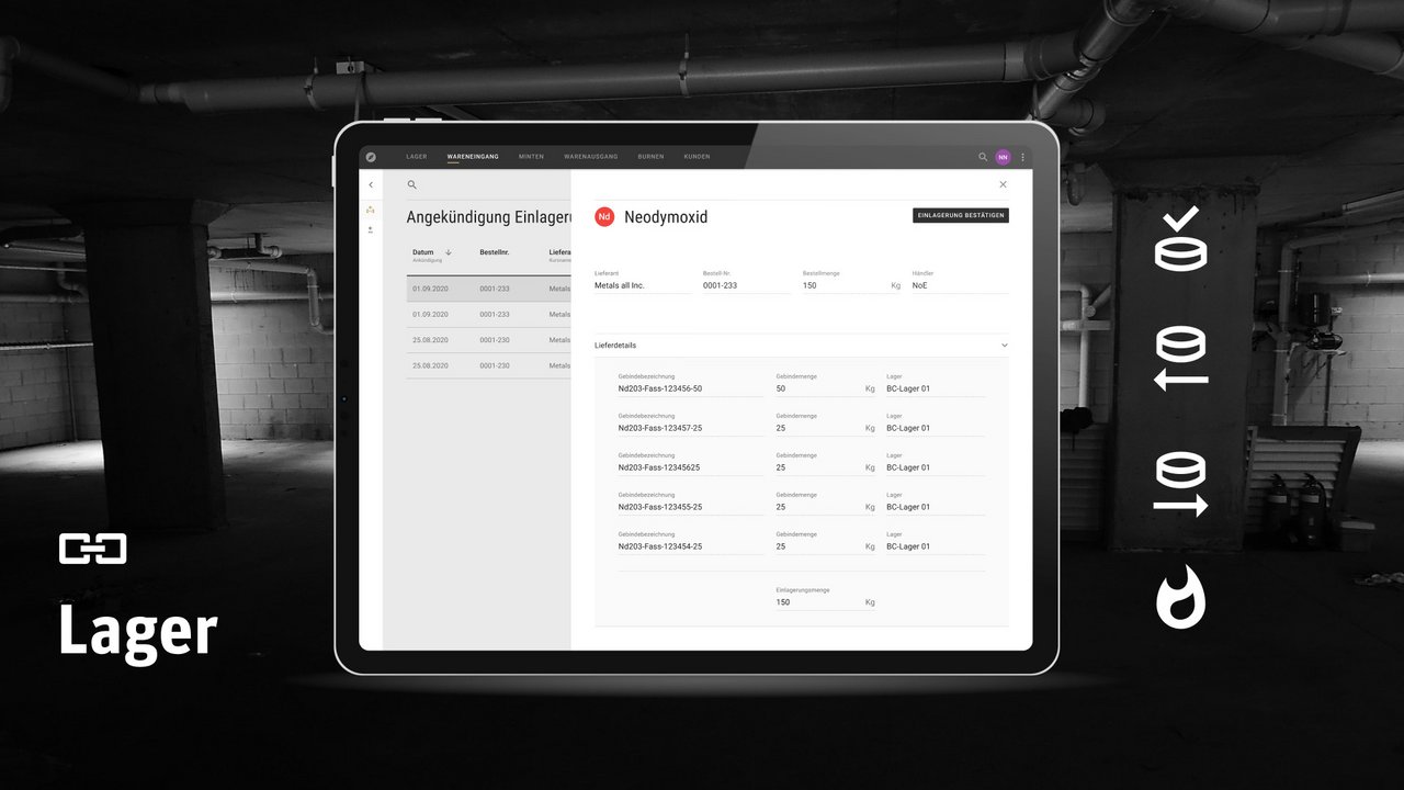 Lageransicht aus der Finomet Initiatoren-App auf Desktop oder Tablet.
