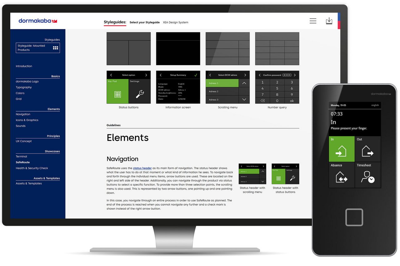 Responsives Webdesign für den dormakaba Design Hub, beispielhaft dargestellt mit der Styleguides Seite, die die dormakaba Element Guidelines zeigt, auf dem Desktop und die Terminal App.