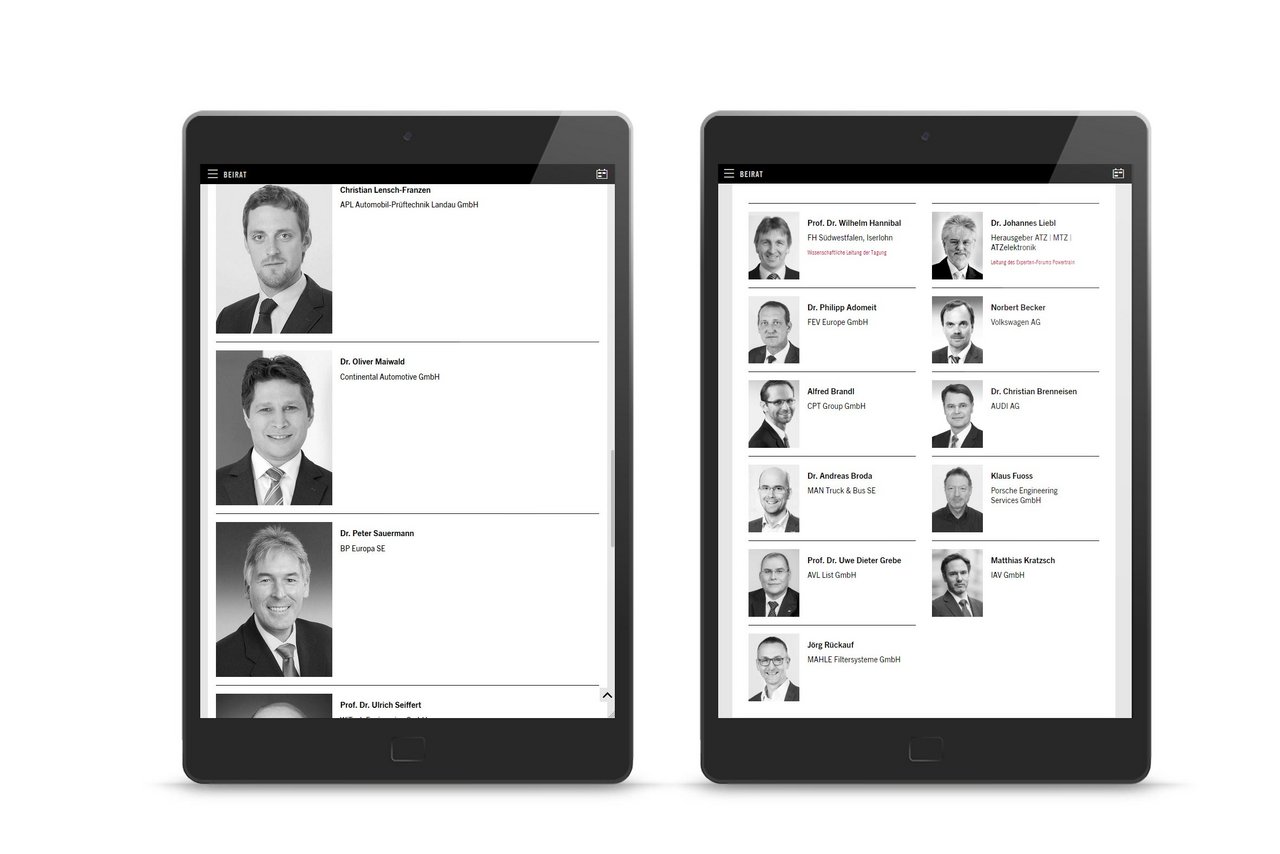 Responsive Webdesign für die Beiratsseite von ATZ live, Vergleich vor der Optimierung für mobile Endgeräte und danach, dargestellt auf dem Tablet