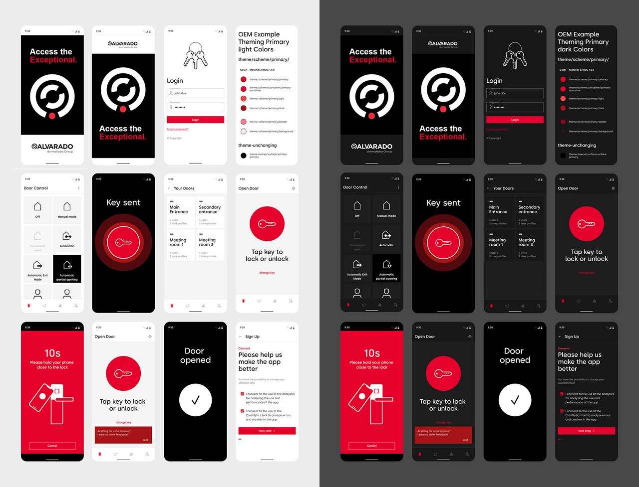 Screens aus der Alvarado App im Dark und Light Theme